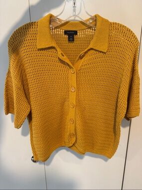 Halogen Golden Yellow Open-Weave Button Front Polo Cardigan